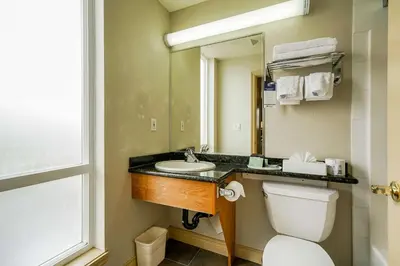 a bathroom with a sink and a toilet and a mirror at Best Western Peace Arch Inn in Surrey