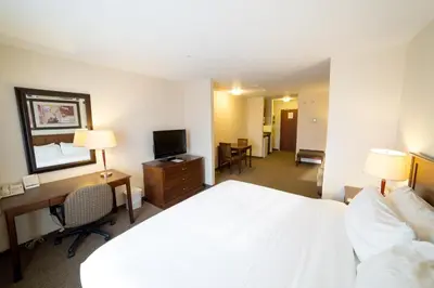 a hotel room with a bed and a desk and a television at Holiday Inn Express & Suites Drayton Valley by IHG in Drayton Valley