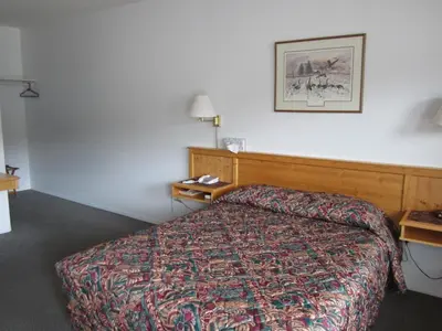 a hotel room with a bed and a picture on the wall at Bonanza Gold Motel & RV Park in Dawson City
