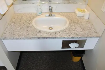 a bathroom counter with a sink in a room at Plains Motor Inn in Stettler