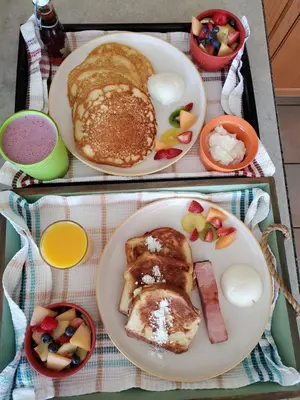 two plates of breakfast food on a table at Overlander B&B in Kamloops