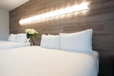 two beds with white pillows and a vase of flowers at Elk + Avenue Hotel in Banff