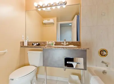 a bathroom with a toilet and a sink and a mirror at Rosedale on Robson Suite Hotel in Vancouver