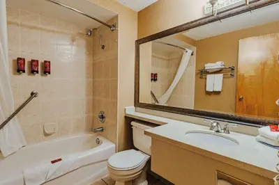 a bathroom with a sink toilet and a mirror at SureStay Plus by Best Western Coquitlam in Coquitlam