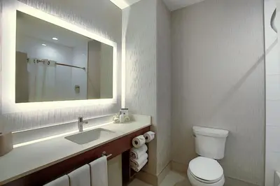 a bathroom with a sink and a toilet and a mirror at Holiday Inn Express Airport Calgary by IHG in Calgary