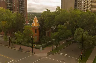 an aerial view of a church with a steeple at Holiday Inn Express Edmonton Downtown by IHG in Edmonton