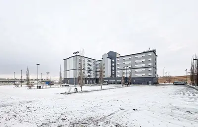 a snow covered parking lot with two large buildings at Holiday Inn Express Hotel & Suites-Edmonton South by IHG in Edmonton