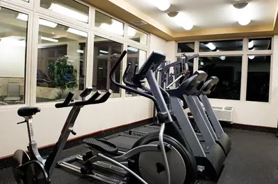 a gym with several elliptical machines and windows at Holiday Inn Hotel & Suites-West Edmonton by IHG in Edmonton
