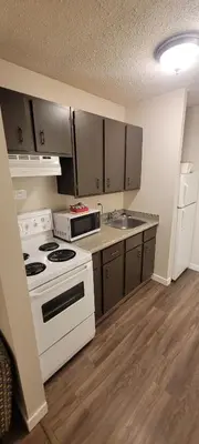 a kitchen with a white stove and a sink at Recreation Inn and Suites Kelowna in Kelowna