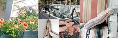 a collage of pictures of a bench and flowers at Bed & Breakfast Monarch in Canmore