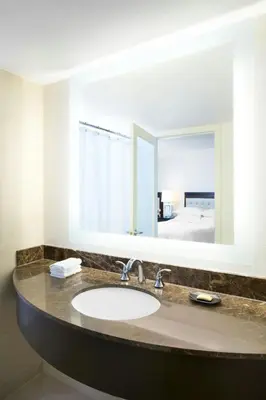 a bathroom with a sink and a large mirror at Sheraton Vancouver Wall Centre in Vancouver