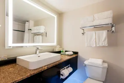 a bathroom with a sink and a mirror and a toilet at Executive Suites Hotel & Conference Center, Metro Vancouver in Burnaby