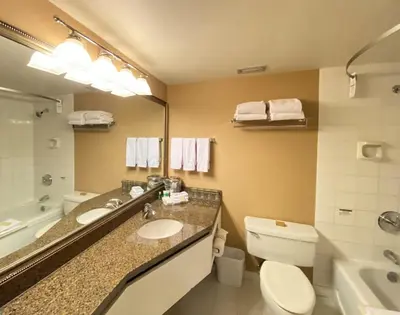 a bathroom with a sink and a toilet and a mirror at Penticton Lakeside Resort in Penticton
