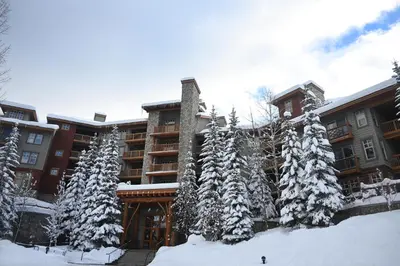 a building with snow covered trees in front of it at Embarc Panorama in Panorama