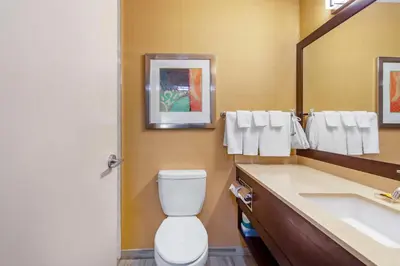 a bathroom with a toilet and a sink and a mirror at Best Western Plus Chateau Fort St. John in Fort Saint John