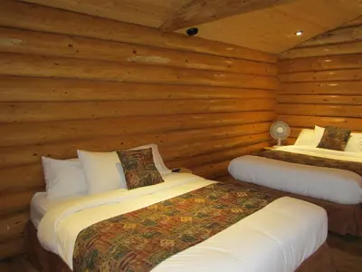 a bedroom with two beds in a log cabin at Port Hardy Cabins in Port Hardy