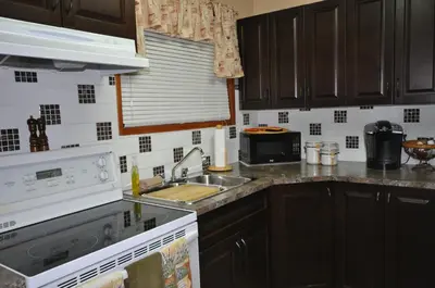 a kitchen with a sink and a stove at Garden House in Courtenay