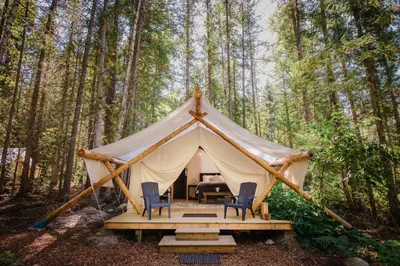 a tent with chairs and a table in the woods at Cedar Haven Cabins and Resort in Clearwater
