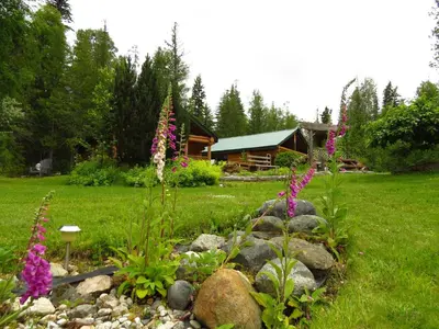 a garden with flowers and rocks in front of a cabin at Cedar Haven Cabins and Resort in Clearwater