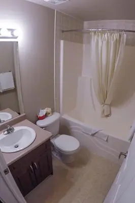 a bathroom with a sink and a toilet and a shower at Westwood Inn in Drayton Valley