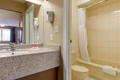 a bathroom with a sink and a toilet and a shower at Econo Lodge Inn & Suites in North Vancouver