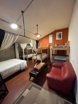a bedroom with a bed and a couch in a room at Nanimahoo's Sled N'Bed in Malakwa