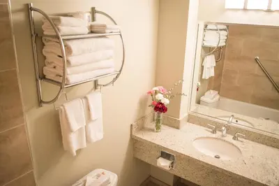 a bathroom with a sink and a mirror and towels at Sea to Sky Hotel and Conference Centre in Squamish