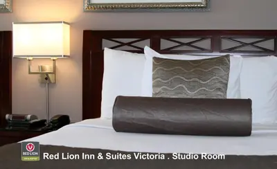 a bed in a hotel room with a black pillow at Red Lion Inn and Suites Victoria in Victoria