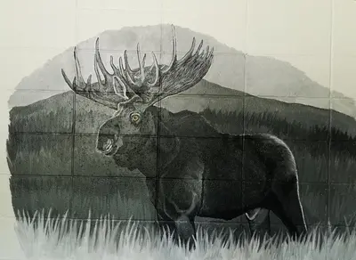a drawing of a moose on a wall at Overlook Inn & Cabins in Clearwater
