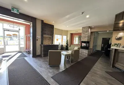 a living room with a couch and a fireplace at Western Budget Motel Leduc #3 in Leduc