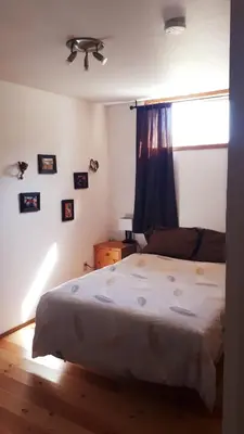 a bedroom with a bed and a window with a ceiling fan at Wettstone Guest Ranch in Bridge Lake