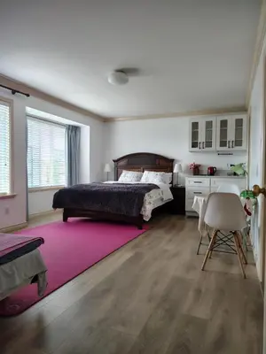 a bedroom with a bed and a pink rug at Go House in Richmond