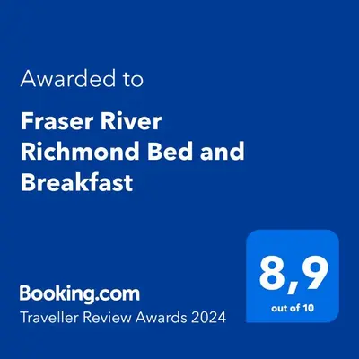 a screenshot of a cell phone with the text awarded to ranger river rutherford bed at Fraser River Richmond Bed and Breakfast in Richmond