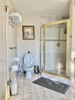 a bathroom with a toilet and a glass shower at Jessicahouse ltd. in Richmond