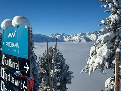 a sign with a view of a snowy mountain at Invermere 4 Br Lakeside, Mountain View Home! Walk to Sandy Beach for Swimming, Boating, Tennis and Beach Volleyball Local Town Shopping, Eateries, Bakery and Pubs! Welcome Family's, Healthcare Workers and Trades! Monthly Rentals of 28 Nights or More! in Invermere