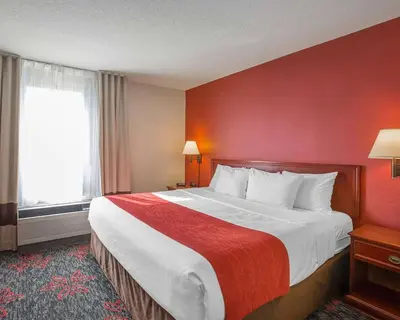 a hotel room with a large bed with a red wall at Comfort Inn & Suites University in Calgary