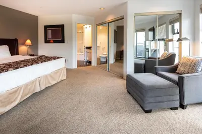 a bedroom with a bed and a chair and a mirror at The Ironwood on Blueberry Hill in Whistler