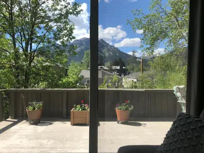 a view of a patio with two potted plants at Mountain View Bed & Breakfast in Banff