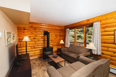 a living room with a couch and a stove at Overlander Mountain Lodge in Jasper