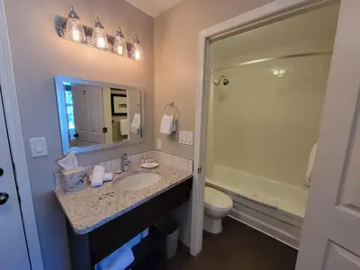a bathroom with a sink and a toilet and a mirror at The Georgetown Inn in Canmore