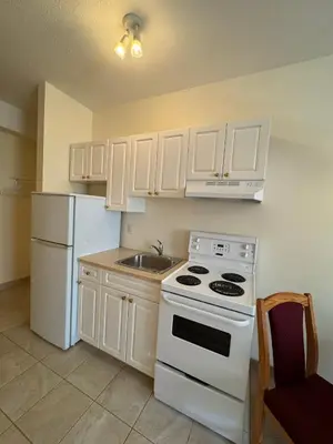 a kitchen with a white stove and a sink at Western Budget Motel Ponoka in Ponoka