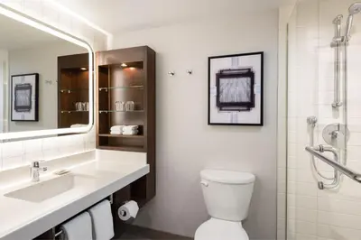 a bathroom with a sink and a toilet and a mirror at Delta Hotels by Marriott Grand Okanagan Resort in Kelowna