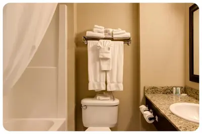a bathroom with a toilet and a sink and towels at Comfort Inn & Suites in Airdrie