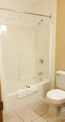 a bathroom with a white tub and a toilet at Alpine Motel in Kamloops
