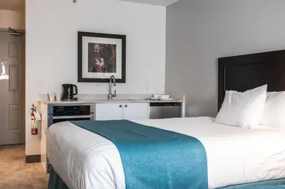 a bedroom with a large bed and a sink at Ramada by Wyndham Surrey/Langley in Surrey