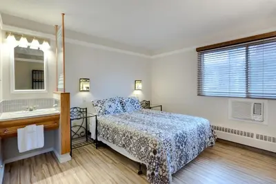 a bedroom with a bed and a sink and a window at Astoria Hotel in Jasper