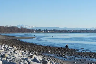 a person sitting on a beach near the water at Ocean Promenade Hotel in White Rock