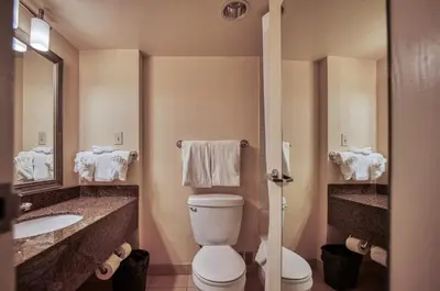 a bathroom with a toilet and a sink and a mirror at Amenida Residences, Calgary in Calgary