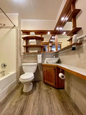 a bathroom with a toilet and a sink and a mirror at Brookside Motel in Golden