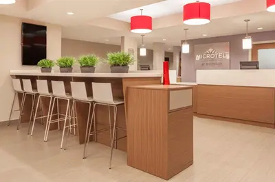 a lobby with a bar with stools and plants at Microtel Inn & Suites by Wyndham Fort McMurray in Fort McMurray
